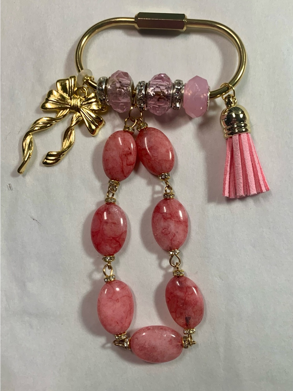 Elegant Gold-ton Pink Bead Purse Charm/keychain with Tassel